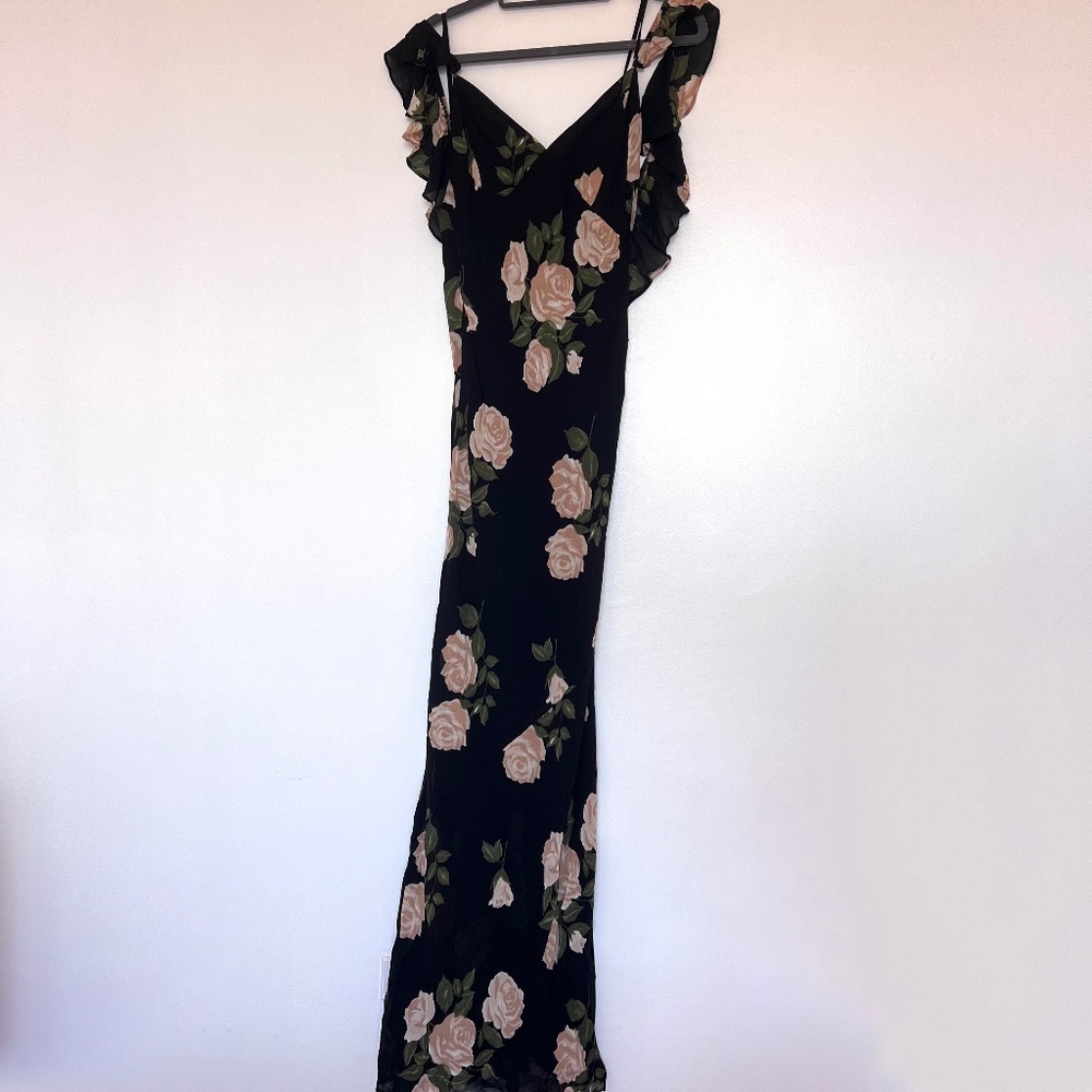 Reformation Ferrara Dress Black Floral Cold Shoulder Maxi Size 4